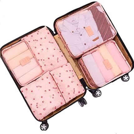 HOUSEHOLD CULTURE Laundry Packing Cubes for Suitcases Organiser Bags Luggage Organiser Set Travel Cubes Laundry Bags for Backpack Clothes Shoes, Pack of 6 (Light Orange Cherry), Nylon