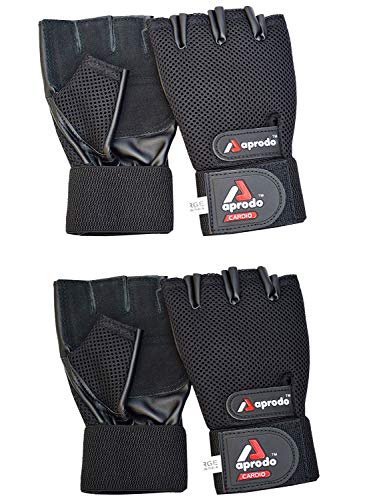 Aprodo Cardio Fitness Gym Gloves, (Pack of 2 Pair) Leather Palm Long Wrist Support, (X-Large)
