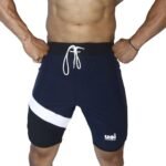 USI UNIVERSAL 411PDN Men's Diagonal Physique Board Shorts, Fitness Shorts, Polyester Elastane Construction, Hook Loop Fly (Large, Navy Blue)