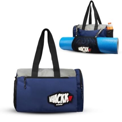 Whackk Vyayam Navy Grey 22L Yoga Gym Fitness Workout Training Sports Travel Duffle Bag/Separate mat Compartment/Mesh and Zipper Pockets Multipurpose Carry Bag Lightweight Sports Kit Men Women